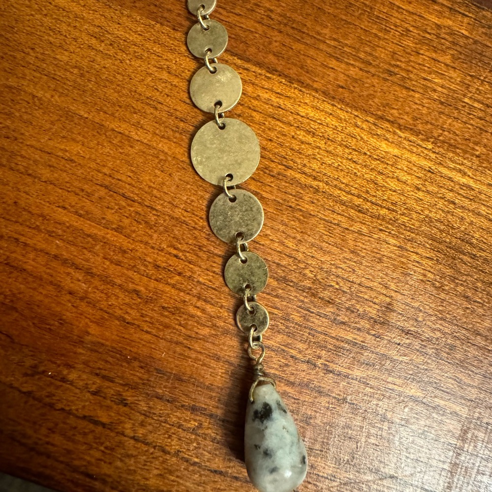 Long Statement Necklace with Metal Accents and Mottled Teardrop Stone
